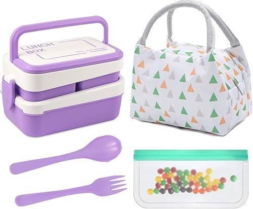 MOFELE Bento Box - Lonchera para adultos Bento Box para adultos y niños 2 capas sin BPA con bolsa utensilios 3 compartimentos Bento Box con asa apta
