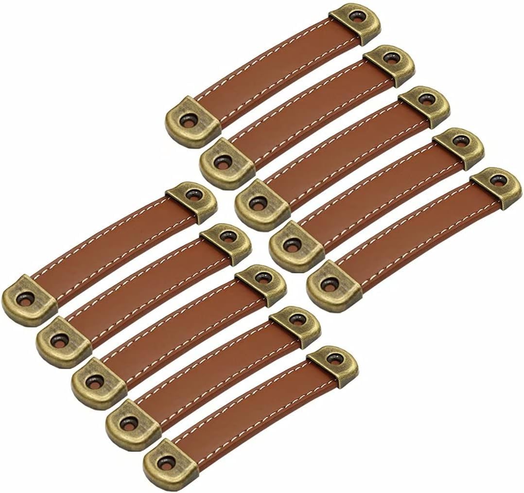 Bpabdeitr Light Brown 10 Pcs Multicolor Pu Leather Zinc Alloy Drawer Cabinet Handle Pulls(,Hole Distance 96 Mm)