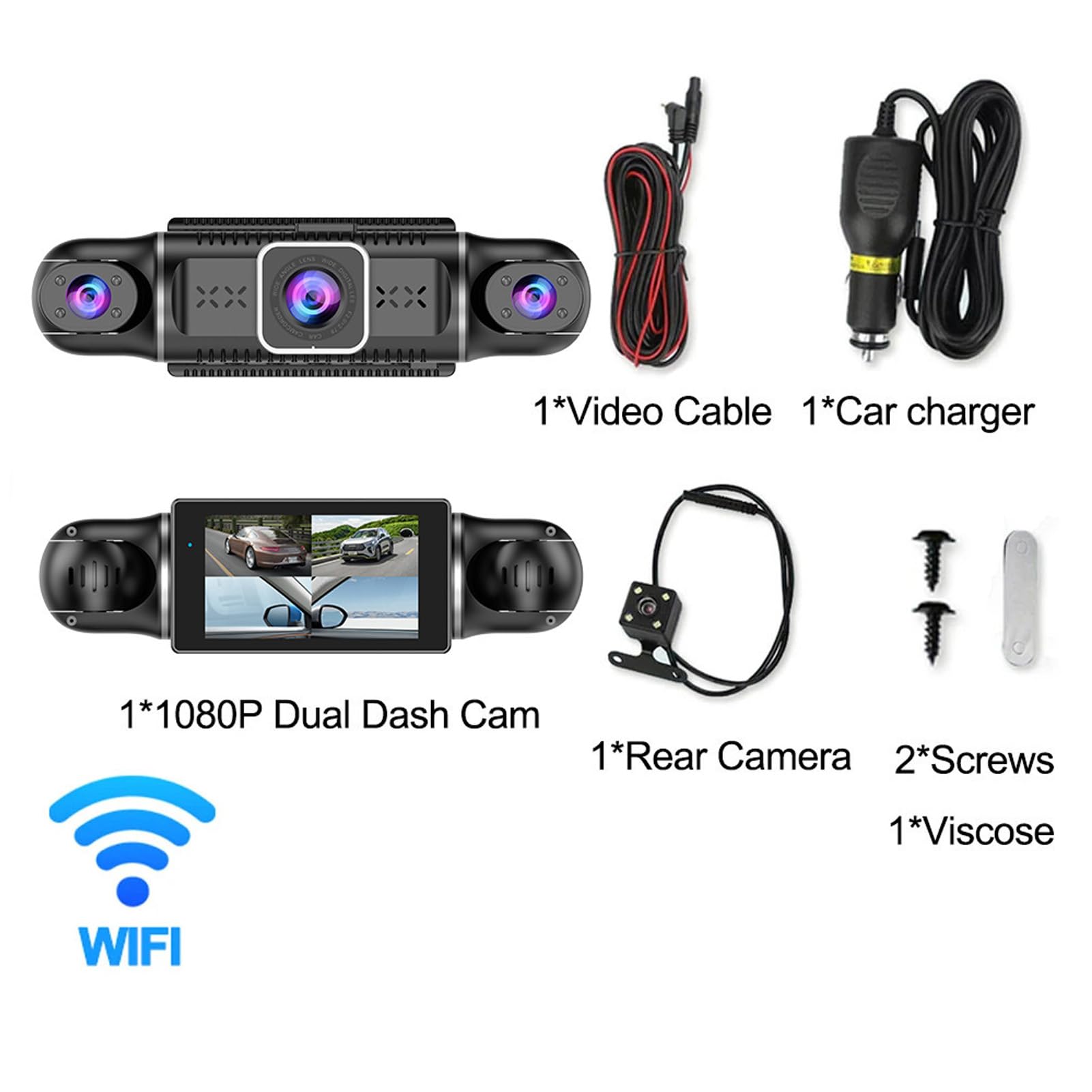 ASHATA Dash Cam a 4 canali 360° anteriore e posteriore sinistra destra interna per auto, 1080p HD 170 ° grandangolare registratore cruscotto con schermo da 2,7 pollici, modalità parcheggio 24 ore