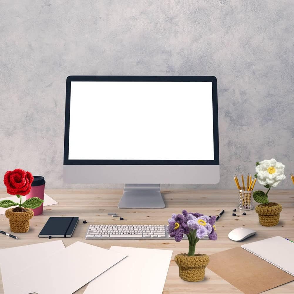 JOONOR 3PCS Mini Crochet Rose Potted Plant,Knitted Fake gardenias Lavender for Bathroom Home Kitchen Rustic Table Centerpiece Shelf Decor - Image 2