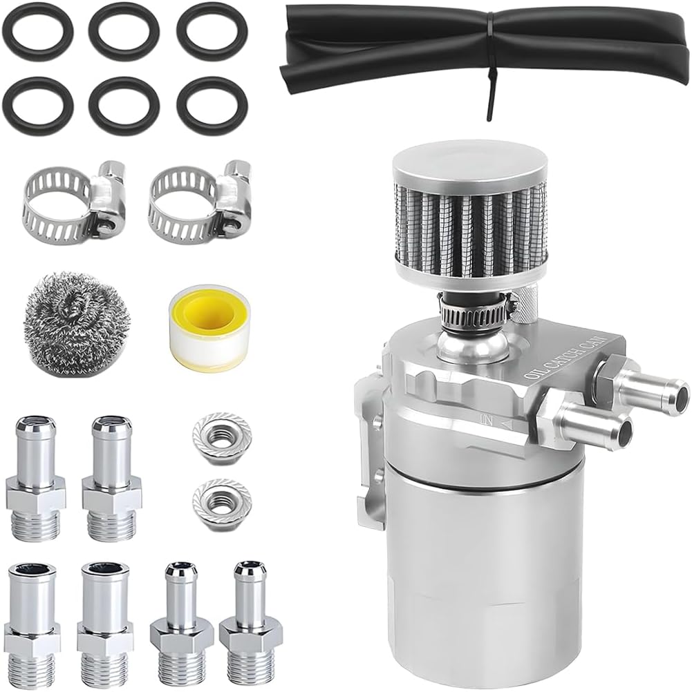 Car Oil Catch Can, 300ML Aluminum Vehicle Polish Baffled Oil Separator Catch Can with Fuel Line Hose Kit, Automotive Reservoir Tank Accessories, Universal for SUV Truck Sedan (Silver)