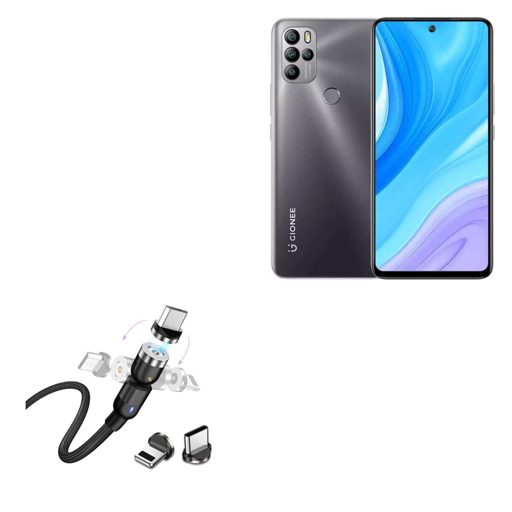 BoxWave Cable Compatible with Gionee M15 - MagnetoSnap AllCharge Cable, Magnet Charging Cable USB Type-C Micro USB for Gionee M15 - Jet Black