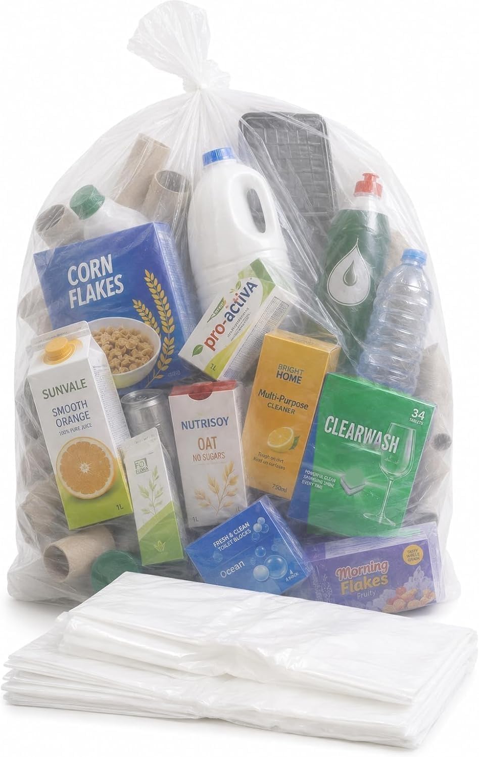 Abbey Pack of 100 Clear Plastic Recycling Bin Bags 90L โ Transparent Recycling Bags for Kitchen, Bathroom, Bedroom, Office โ Polythene Bin Liners bags โClear Refuse Sacks 18 x 29 x 39 Inch โ 64 Gauge
