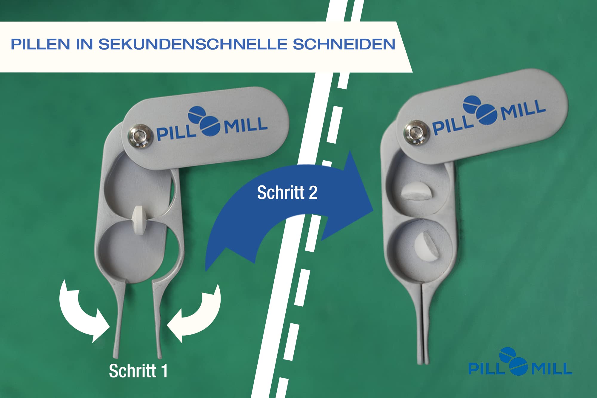 Tablettenteiler von Pill Mill - Metallklingen, die nie stumpf werden - Griff hilft, kleine oder große Pillen leicht zu schneiden -Leichte Tablettenschneider - Perfekter Pillenschneider für unterwegs