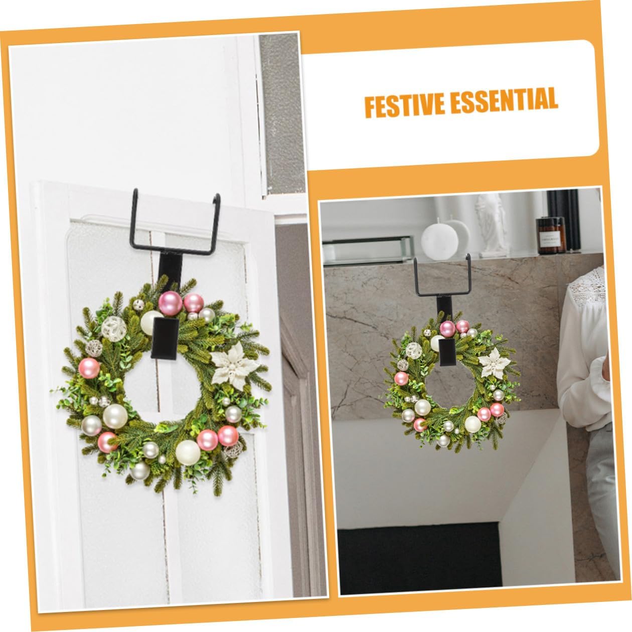 4pcs Black Wrought Iron Christmas Wreath Hooks Double Hook Over Door Hanger for Front Door Garland and Wreath Outdoor Indoor Holiday Decoration