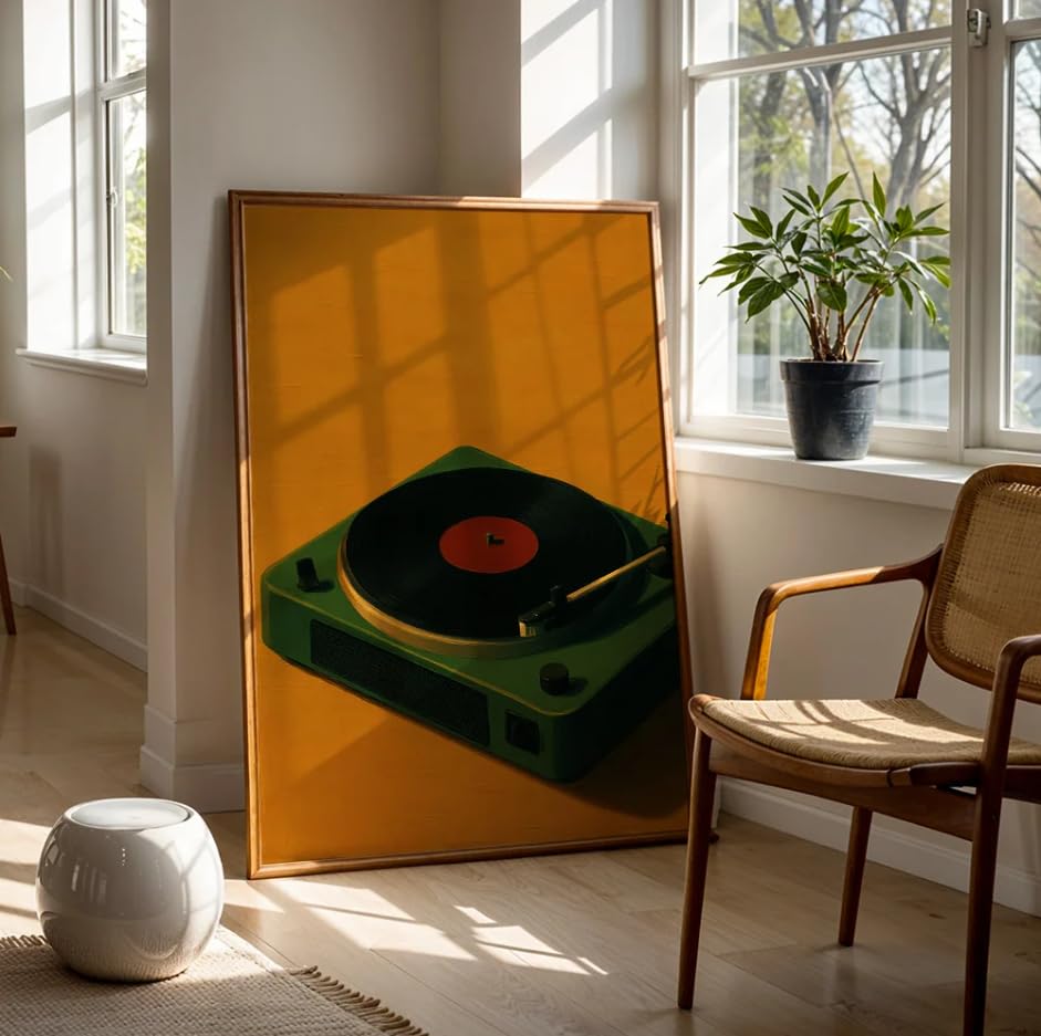 Póster de lienzo de tocadiscos verde con disco de vinilo amarillo mostaza 2