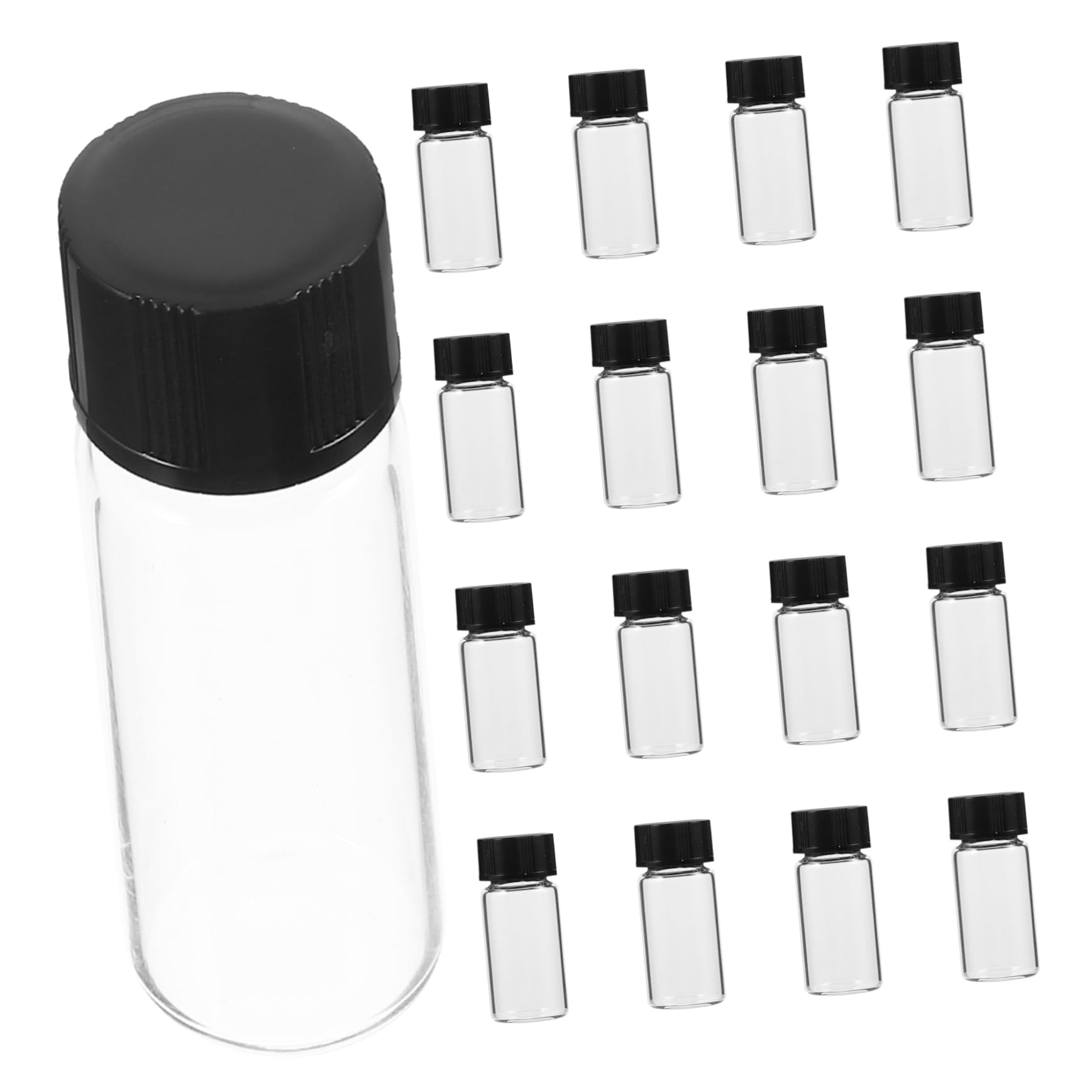 100 Stück 5ml Glasprobenfläschchen Transparent mit Deckel | Flacher Boden, Schwarze Kappen, aus Glas und Kunststoff, für Laborproben, Kompakt Transportierbar