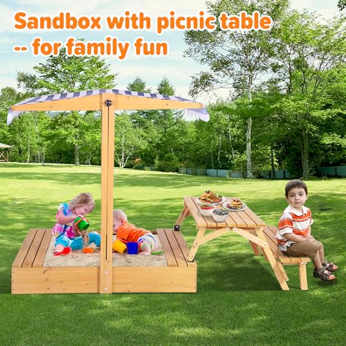 TITIMO Kids Wooden Sandbox with Adjustable Canopy, Large Sand Pit with Foldable Picnic Table, Outdoor Sand Box with Lid and Upgrade Retractable Roof, Children Outdoor Wooden Playset for Backyard