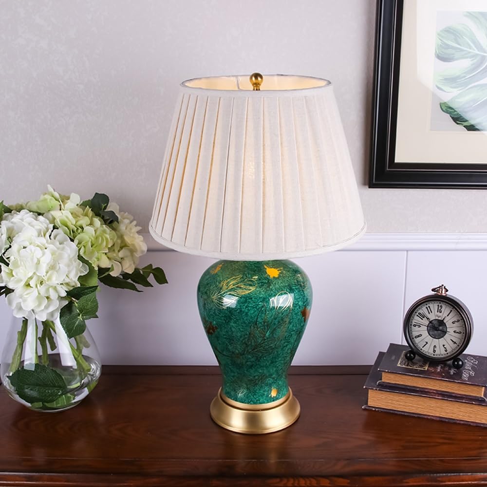 Ceramiczna lampa stołowa w stylu retro, zielona farma, elegancka lampa biurkowa do domowego biura, sypialni(Remote Control Switch,L)