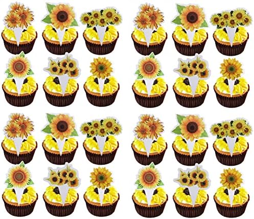 Cemtetnech 48pcs Sunflower Cupcake Topper Picks Boy girl Children Party Decoration Sunflower Party Favors Kid's Birthday Party cake Decoration Supplies