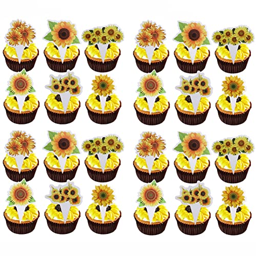 Cemtetnech 48Pcs Sunflower Cupcake Topper Picks Boy Girl Children Party Decoration Sunflower Party Favors Kid's Birthday Party Cake Decoration Supplies #TOP2