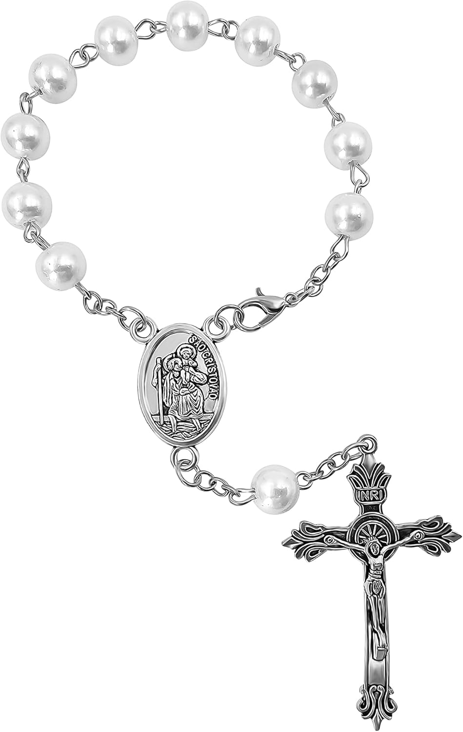 Saint Christopher Medal Car Rosary for Rearview Mirror White Pearl Glass Beads Catholic One Decade Auto Rosary for Women Men Religious Gift - Image 7