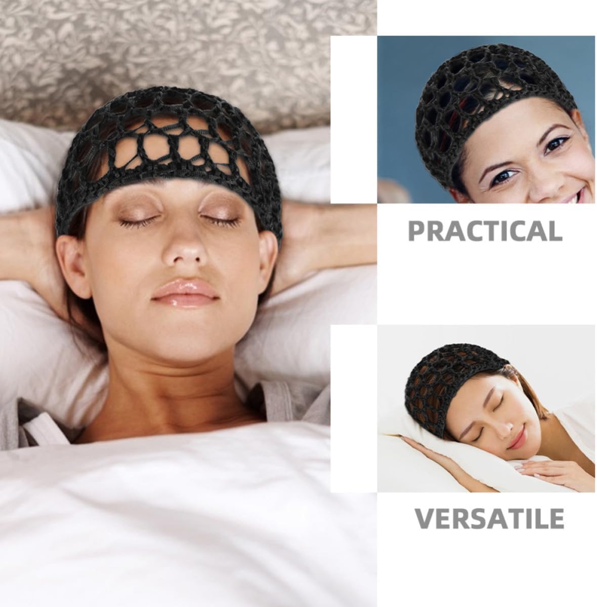 Mobestech 3pcs Black Crochet Knit Hair Nets Mesh Snood Caps for Women Long Soft Hair Cover Sleeping and Daily Use