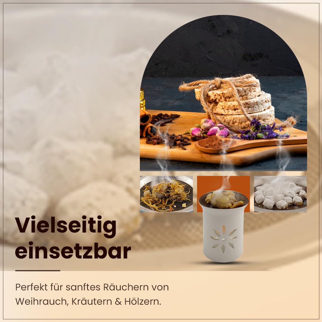 Räucherstövchen Keramik Weiß – Sternenblume Design mit Edelstahlsieb & Metallscheibe – Für Weihrauch & Kräuter, Höhe 11 cm | Incense Burner (Packung mit 2)