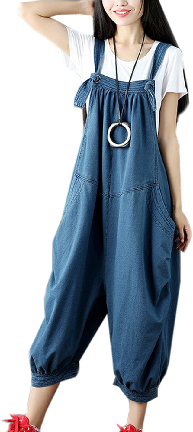 Loose Fit Romper Flygo Women's Loose Baggy Cotton Wide Leg Jumpsuit Rompers Womens Baggy Overalls
