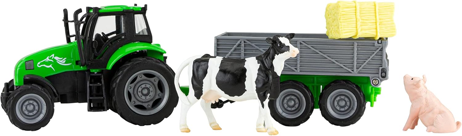 Breyer Horses Breyer Farms Tractor and Tag-a-Long Wagon Playset | 5" H x 11" L x 4" D | Cow and Pig Included | 1:32 Scale | Model #59238, Green