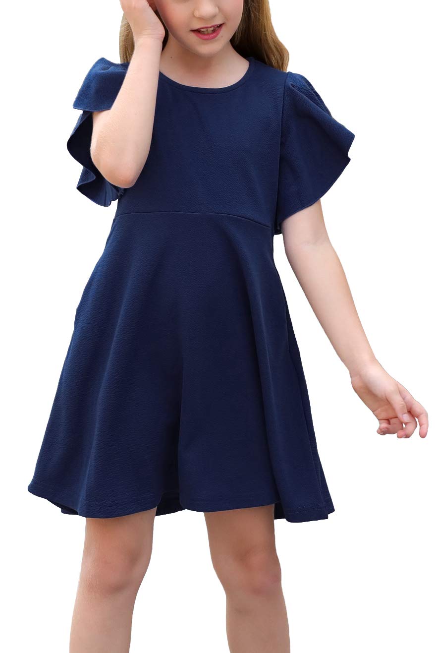 GORLYA Girl's Flutter Sleeve Stretchy A-Line Swing Flared Skater Party Dress with Pockets for 4-12 Years Kids