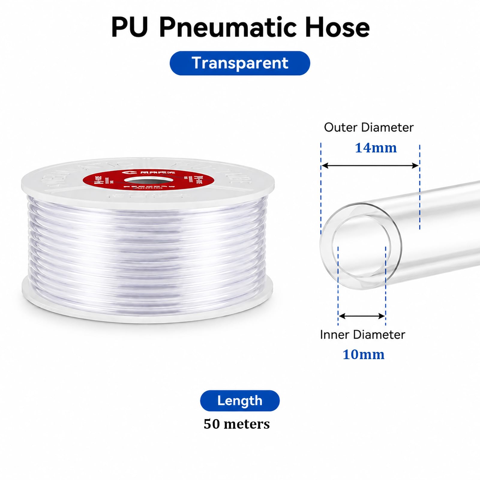 COYOUCO Tubo Pneumatico Trasparente in PU da 10-100m, 14mm Esterno x 10mm Interno,50m | Flessibile, Resistente all'usura, Resistente alle pieghe, Alta elasticità, Facile da installare, Resistente alle temperature