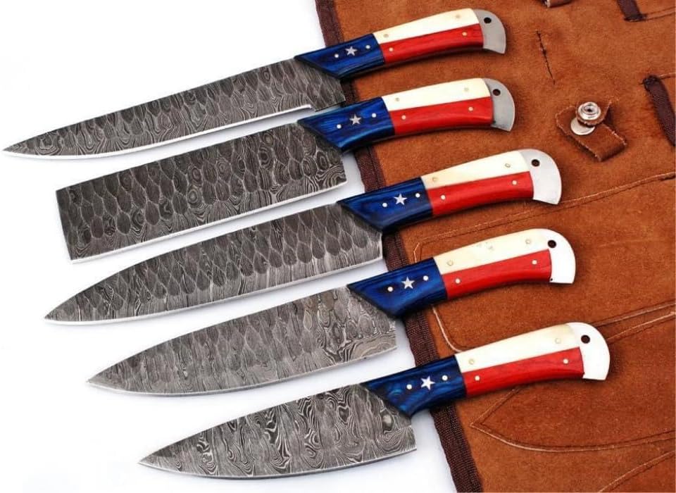 BLAYDZ Professional Damascus Kitchen Knife Set with Texas Flag Handle, Custom Handmade Chef Knife set with Leather Pouch/Roll Bag (5)