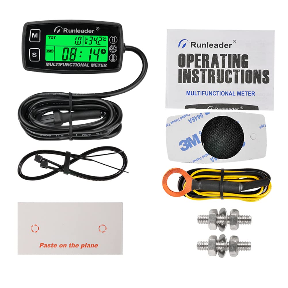 Digitaler Drehzahlmesser, Betriebsstundenzähler, Motorthermometer, Alarmdrehzahl und Zeit, Hintergrundbeleuchtetes Display Geeignet für Rasentraktor Kompressor Generator Schneemobil Schiff IP67
