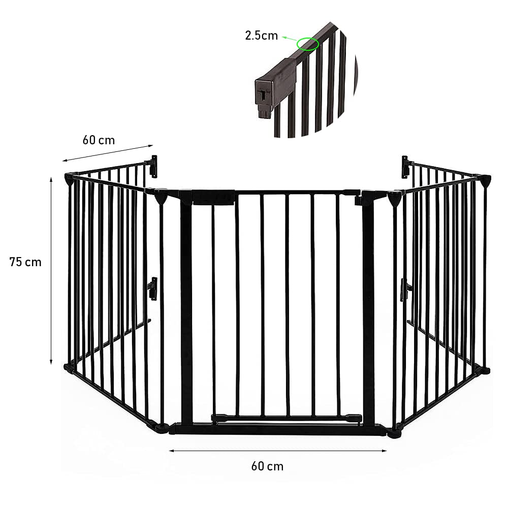 Parque infantil con puerta de seguridad, rejilla de protección para chimenea, plegable, 75 cm de altura, rejilla de protección para animales, 5 elementos (negro)