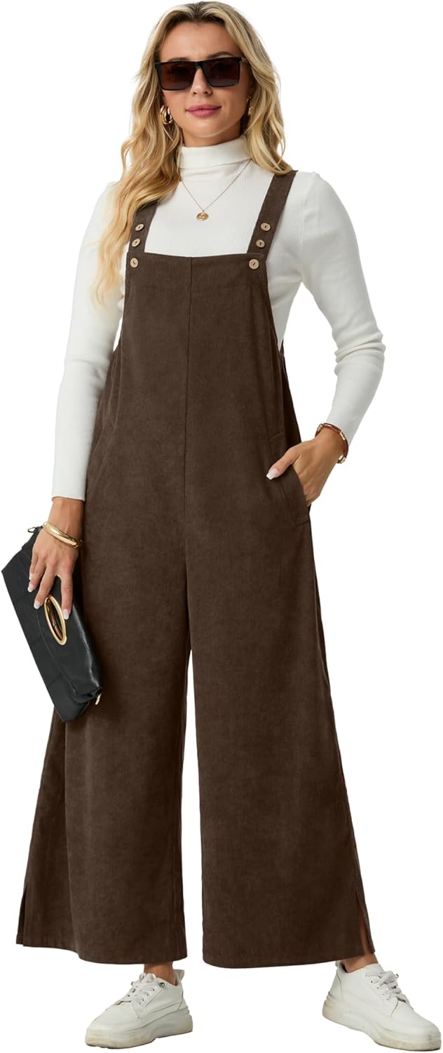 Lepunuo Womens Corduroy Casual Jumpsuits Adjustable Summer Wide Leg Rompers Sleeveless Overalls with Pockets - Image 3