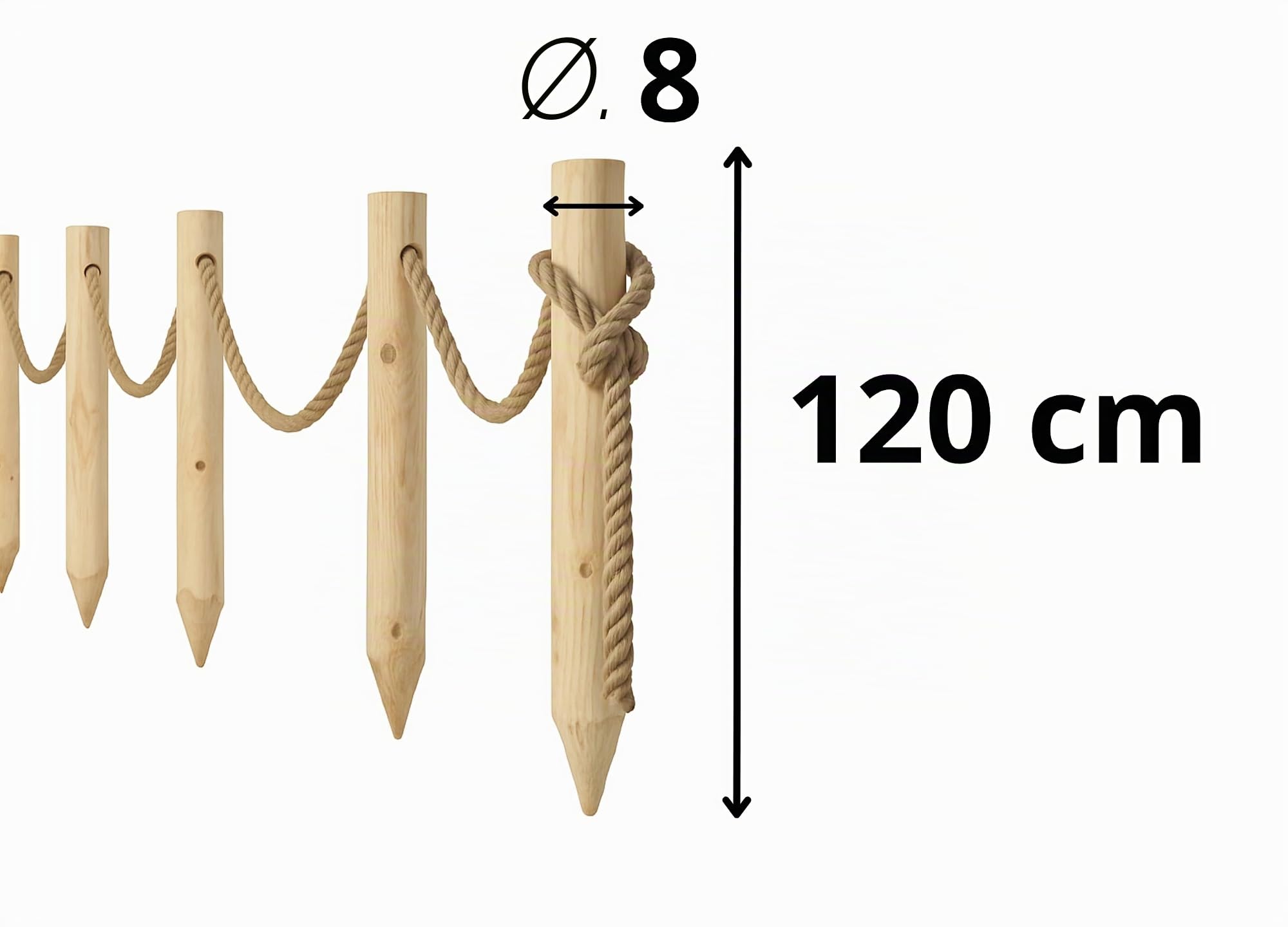 Valla De Madera 6X Postes Ø8 x 120 cm con Cuerda De Yute 12 m – Valla De Jardín Rústica No Impregnada – Elementos De Cerca para Exterior