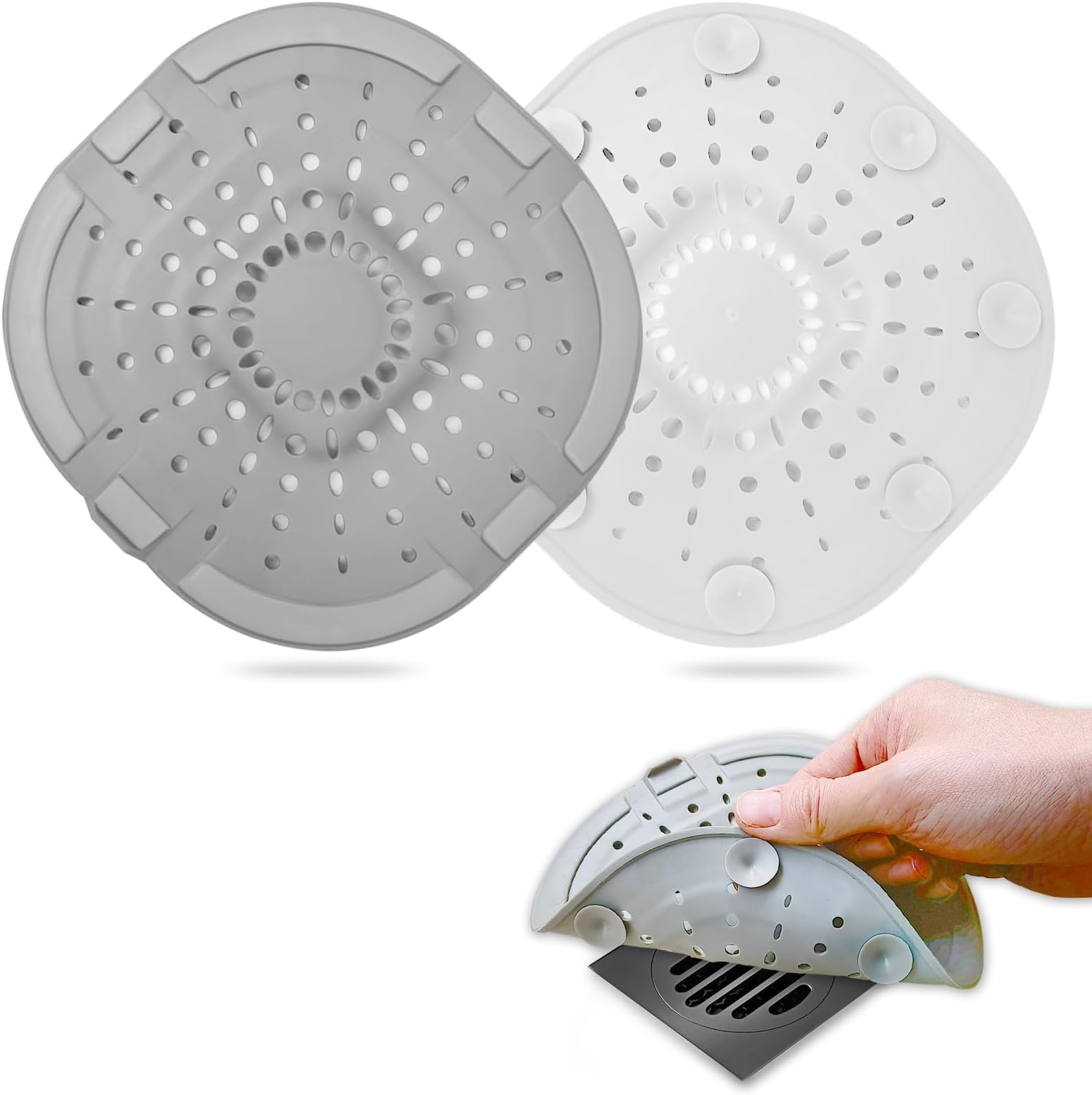Bovinde Hair Drain Catcher,Square Cover for Shower 2 PCS (Light White Grey) | Drainer Cover Silicone Hair Stopper with Suction Cups,Protector Accessories,Easy to Install Suit for Bathroom,Bathtub,Sink