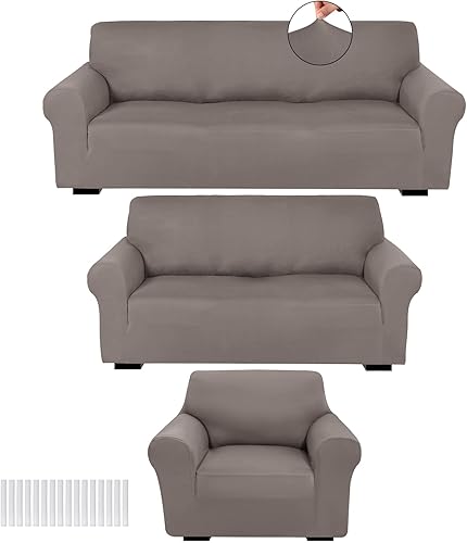 Peryiter Juego de 3 fundas para muebles de sofá, sofá biplaza, sillón y silla, ajuste elástico, sin arrugas, protector de muebles (gris, elastano de