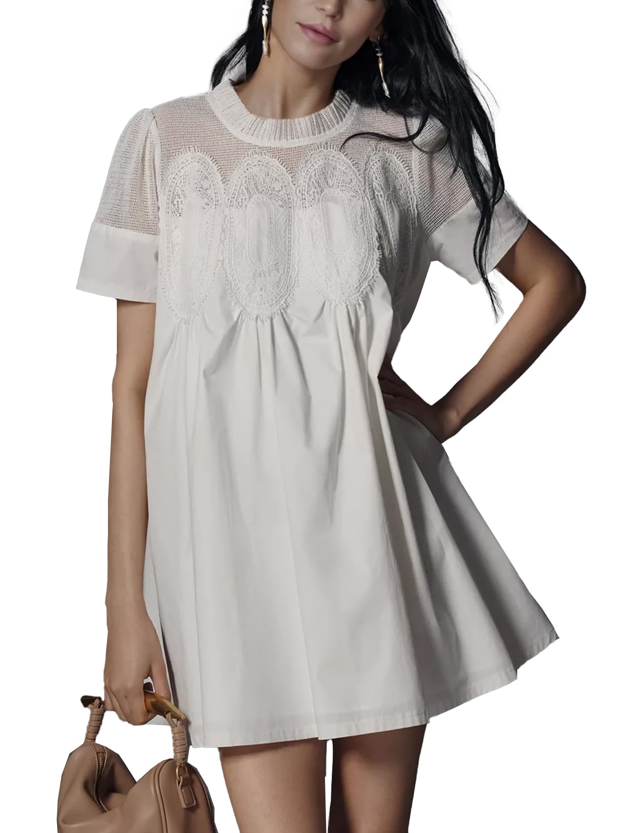 Shiyifa Womens Babydoll Lace Patchwork Dresses Summer Short Sleeve Ruffle Sundress Loose Crew Neck A-Line Dresses