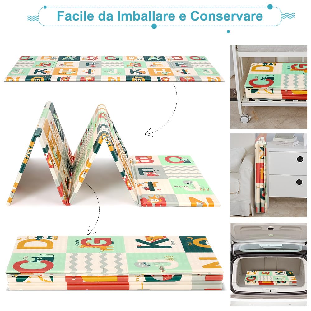 OUNUO Tappeto da Gioco per Bambini, Neonato Gattonamento Pieghevole 200 x 180 cm, Tappetino XPE Schiuma/Portatile Reversibile, Pavimento Antiscivolo