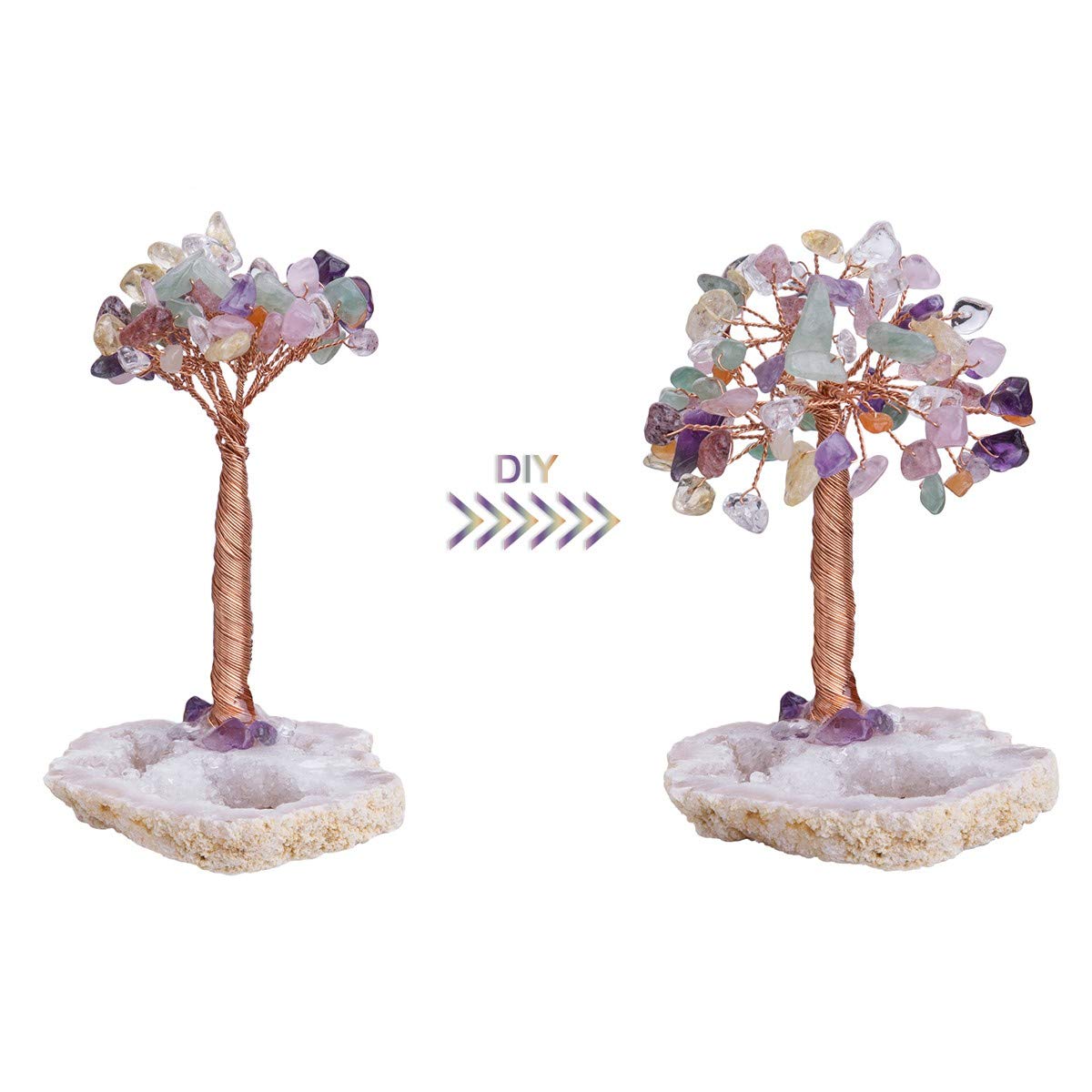 KYEYGWO Décoration Arbre de Vie en Pierre d'Énergie avec Boîte Noire, FengShui Figurine sur Base en Agate Naturelle Geode Quartz pour Reiki Chakra Guérison Fortune Richesse, 7 Chakras