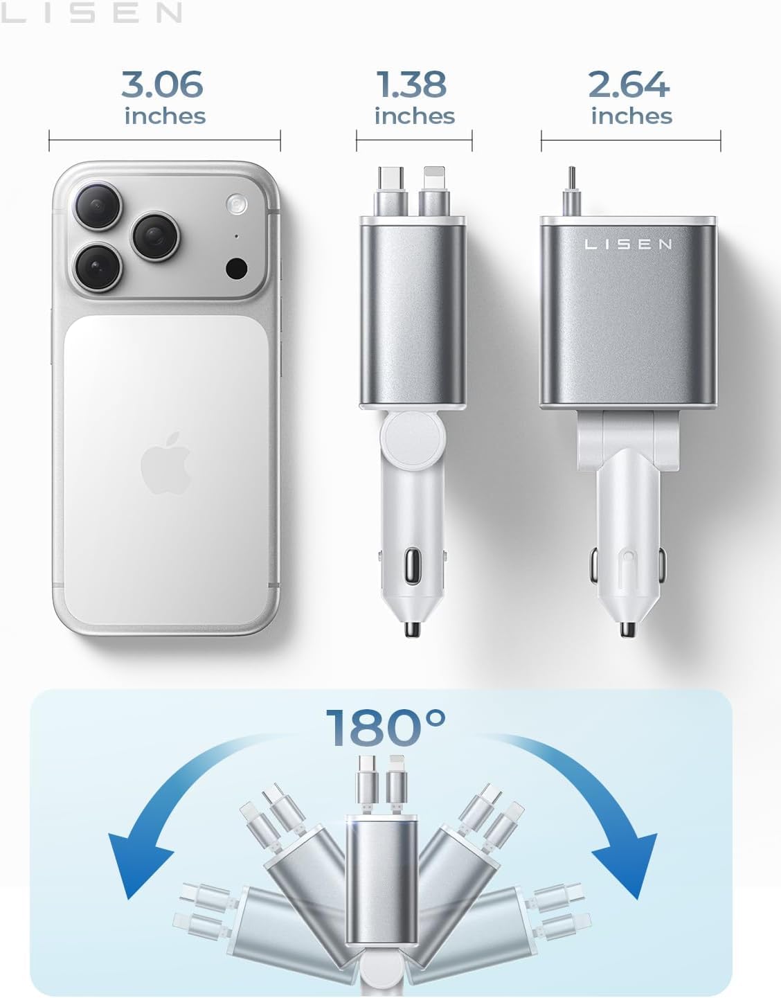 LISEN Retractable Car Charger for iPhone, for iPhone 17 Pro Max 16 15 14 13 12 Plus Mini, Cute 4 in 1 Retractable USB C Car Charger Fast Charge for Women Men, 84W Fast Charging Car Accessorie view 5