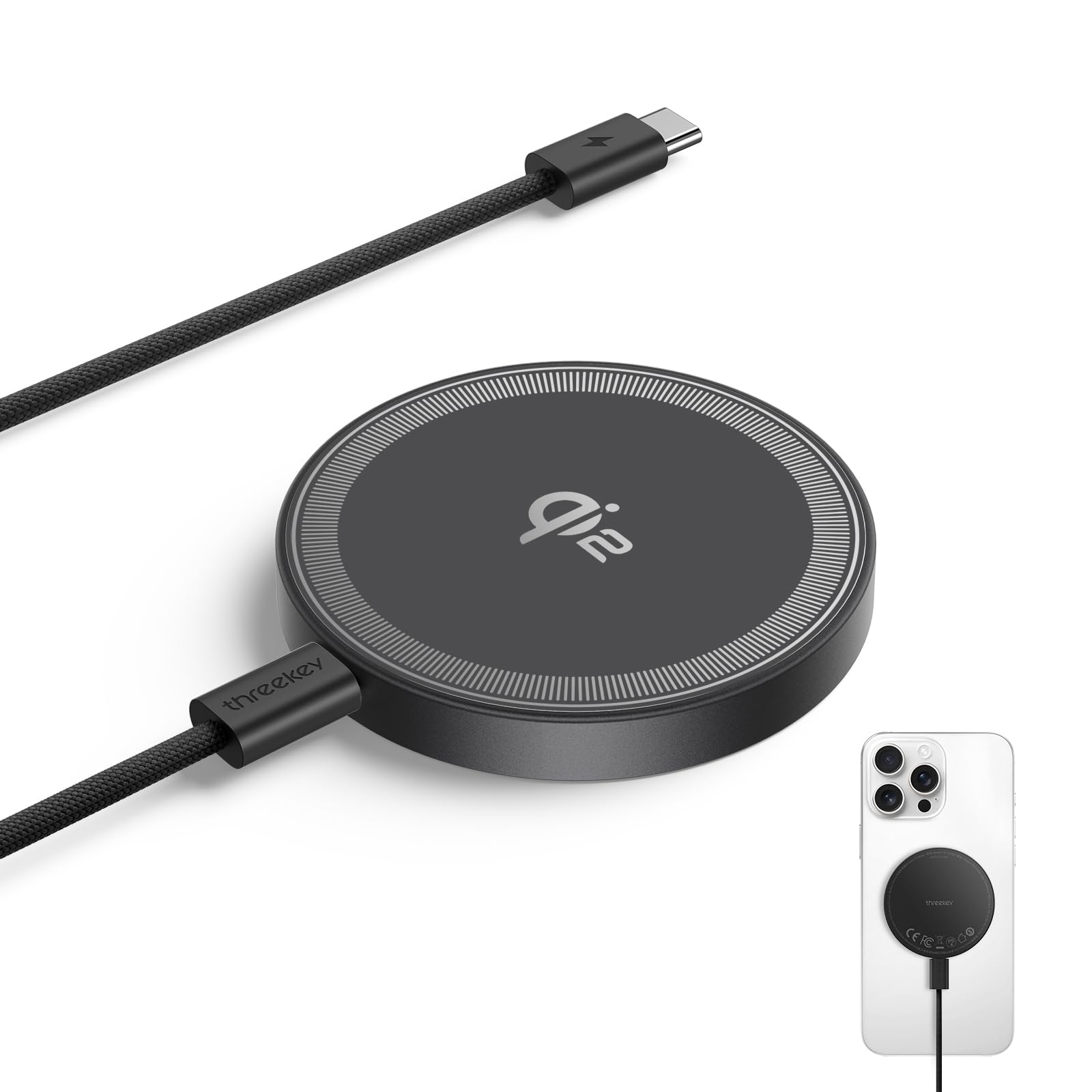 THREEKEY Caricatore Wireless for Magsafe, Qi2 15W Wireless Charger, Caricamento Rapido Pad Magneti Bilaterali con iPhone 16-12 e Galaxy S25 Ultra, Caricatore Magnetico con Cavo USB-C da 5