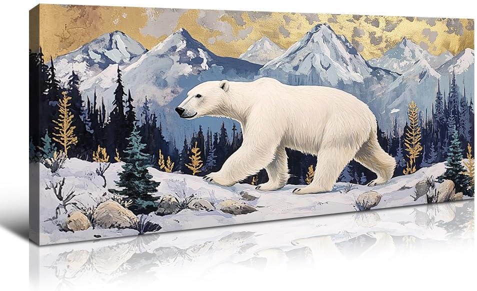 Landada Large Bear canvas wall art, Polar Bear Vintage Forest Painting Wildlife Animal-Themed Art Prints for Living Room, Bedroom, Dining Room Home Decor, 32x16 Inch