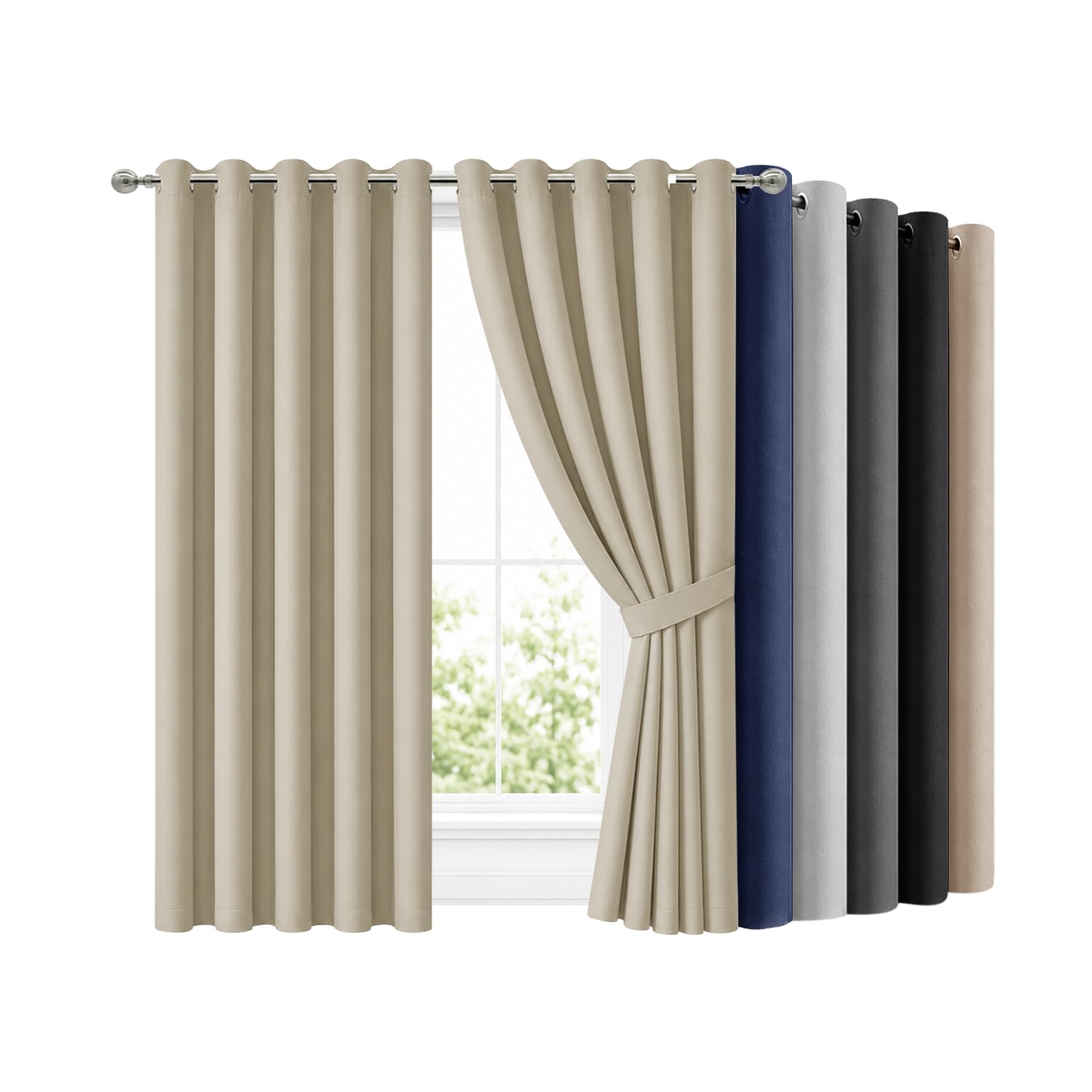 Hafaa Blackout Eyelet Curtains 66 Inch Wide 72 Inch Drop Energy Saving Set of 2 with Tiebacks Ring Top Curtains for Bedroom - Cream