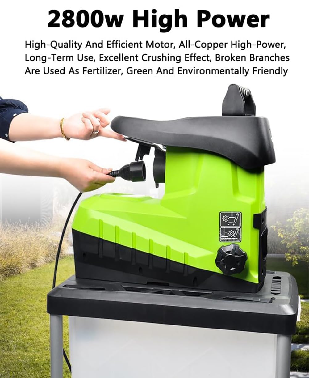 Trituradora eléctrica de jardín, potencia de 2800 W con ruedas para una fácil movilidad, maneja hasta 45 mm de madera y desechos para una limpieza eficiente