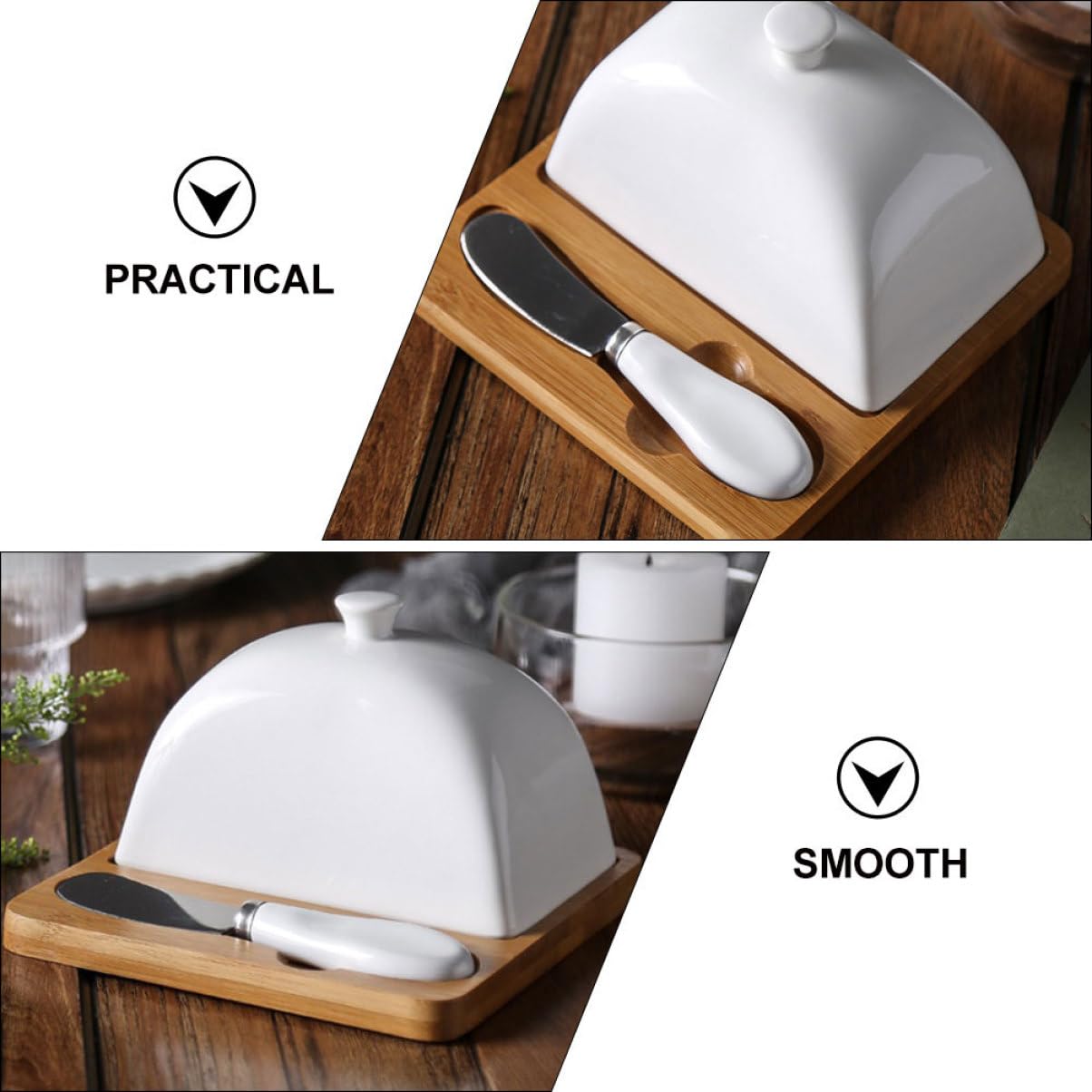 MAGICLULU Beurrier en Céramique avec Couteau et Couvercle – Plat à Beurre 15 Cm en Porcelaine Semi-artisanale – Vaisselle Ménagère pour Maison – Rangement Beurre et Fromage – Set 3 Pièces