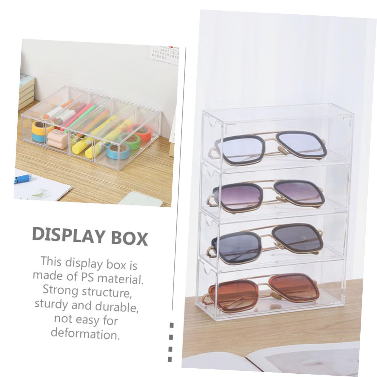 Uonlytech Caja Transparente para Gafas de Sol 4 Capas 4 Cajones Apilables Acrílica Resistente para Guardar y Exhibir Gafas en Hogar y Tienda, Pack 2 Unidades