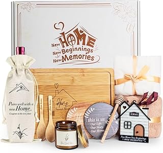 Synhonty New Home Gift Ideas Basket, 11 Pcs: Bamboo Serving Board, Wooden Decoration, Soy Candle, Towels & More - White