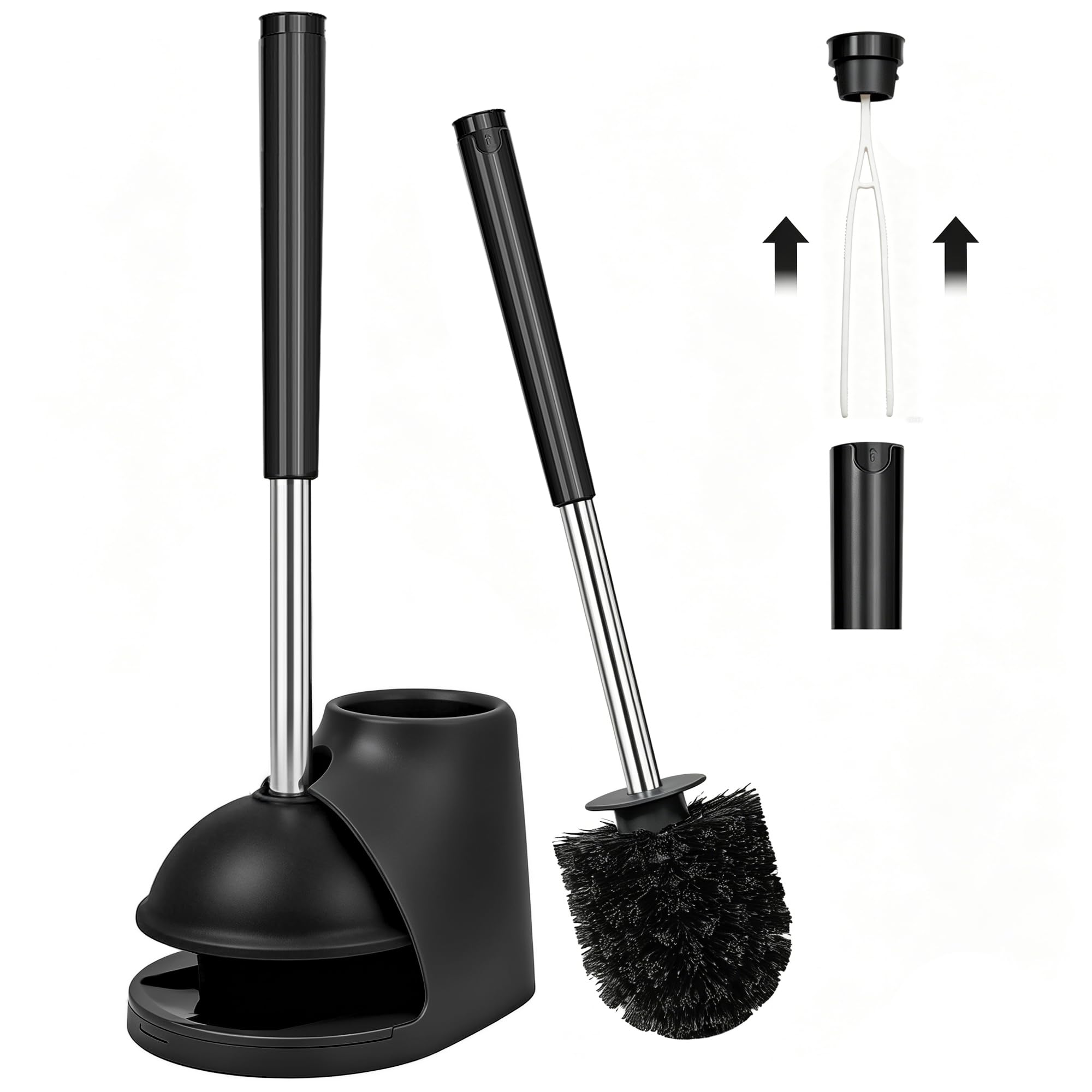TidyBliss Toilet Brush and Plunger Combo Set with Holder and Hidden Tweezers, Heavy Duty Bathroom Bowl Scrubber Cleaning Kit for Bathtub Wash Basin Sink (Black)