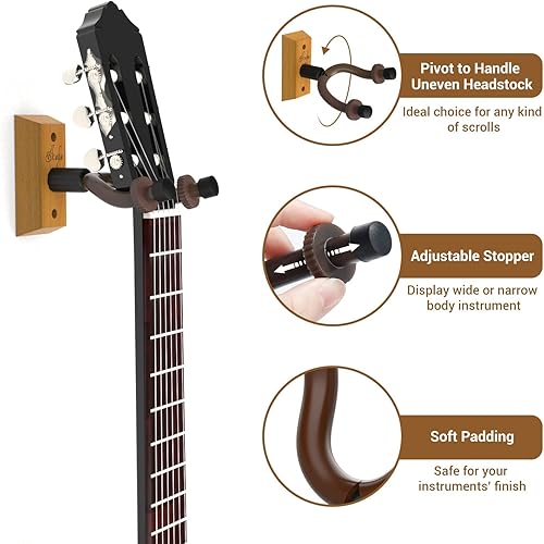 Miniatura 2 de Ohuhu Soporte de pared para guitarra paquete de 2 perchas giratorias de madera dura con tornillos, tapón ajustable, soporte de gancho para soporte