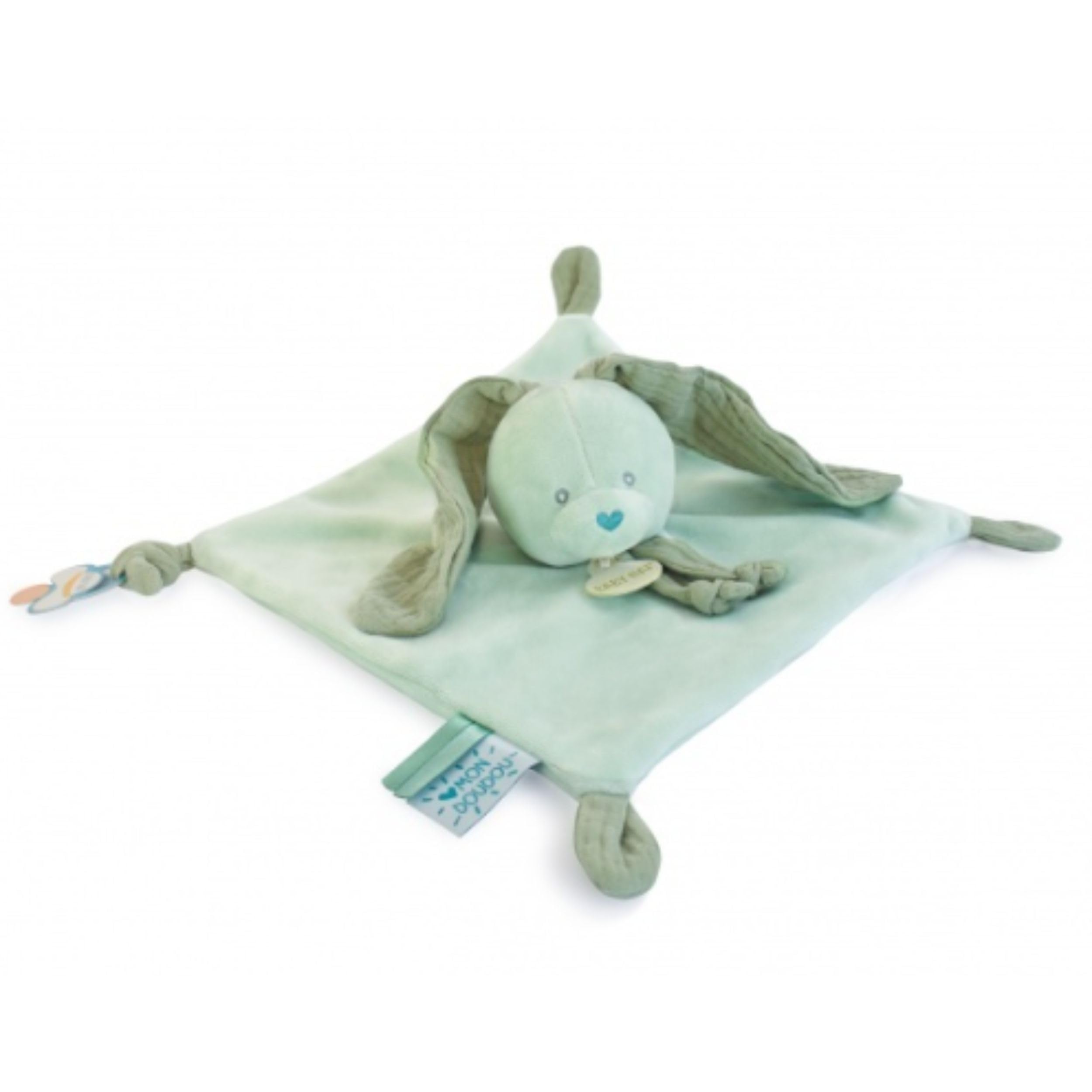 Rabbit Sage Green 23cm Flat Cotton Soft Toy with Dummy Chain Plush Birth Baby Girl Boy Companion Night Birth Gift Washable at 30°C - BN6117