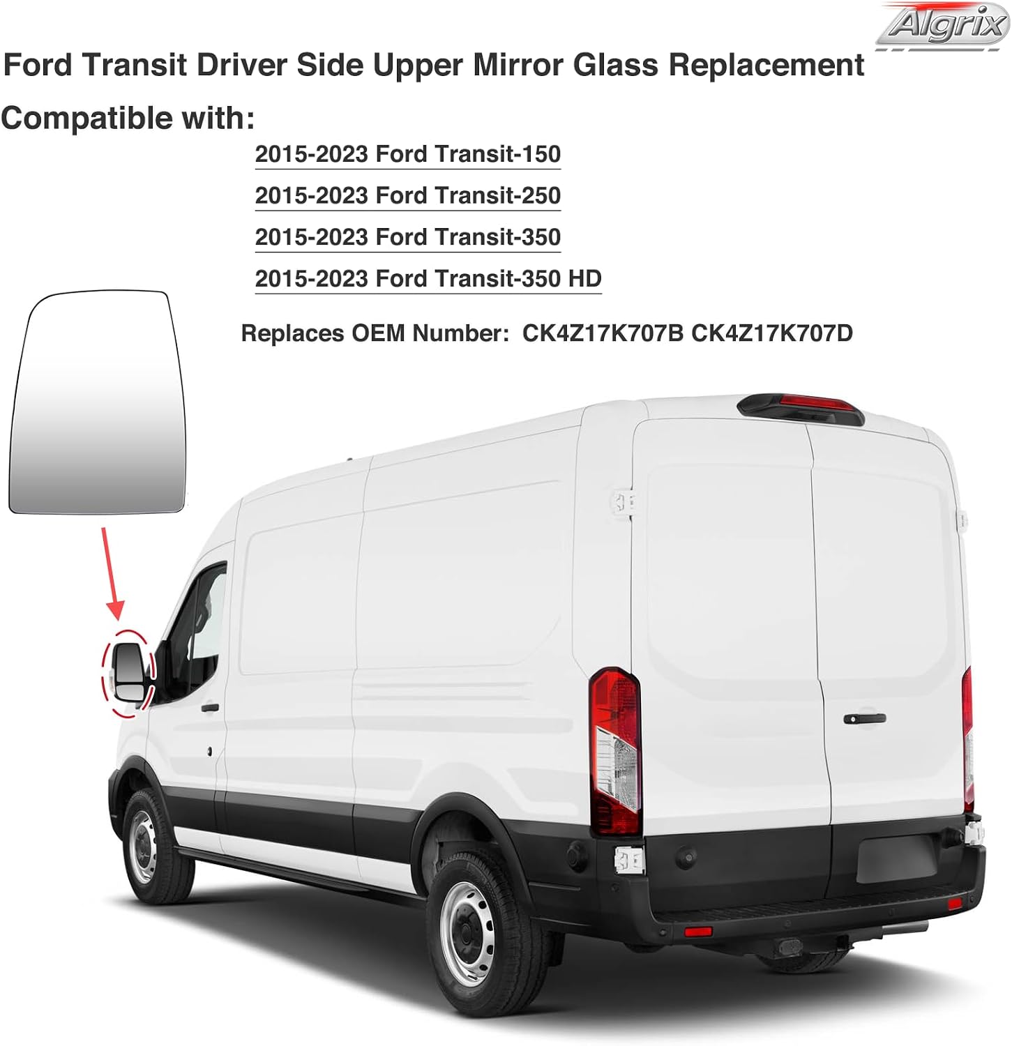 Driver Side Upper and Lower Mirror Glass Replacement for Ford Transit 150 250 350 from 2015 to 2025, Heated Convex Chromed Mirrors with Backplate, Replaces CK4Z17K707B CK4Z17K707D BK3Z17K707B
