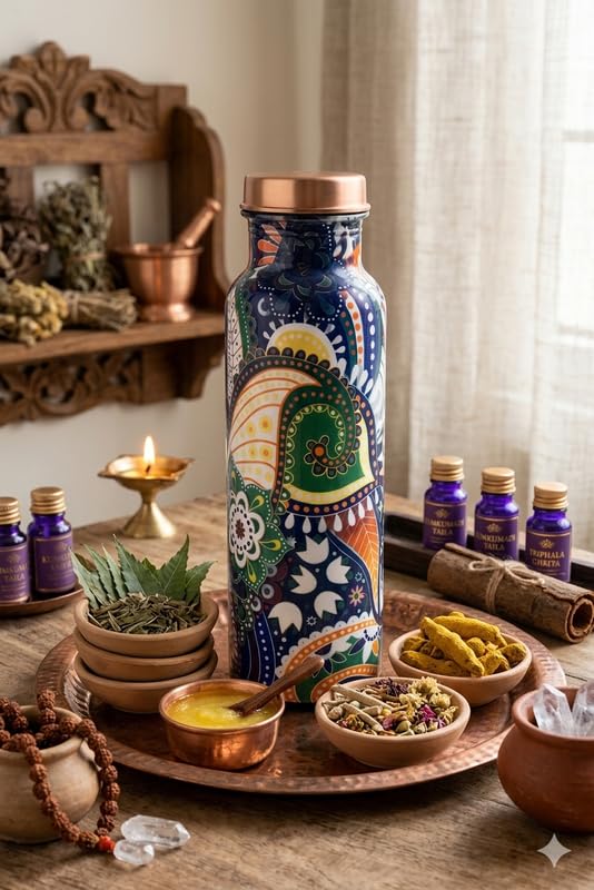 Image of PURE Copper Water Bottle Green Blue Dual Tone Leakproof Ayurvedic Drinking Bottle for Home Office Gym Travel Pure Copper Bottle for Health Benefits Durable Design