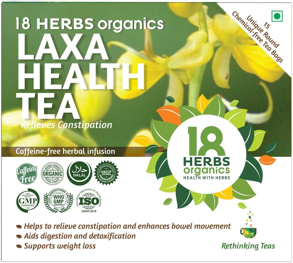 18 Herbs Organics Laxa Health Tea (15 Tea Bags -21 grams - Duplex Carton - Pack of 1) Herbal Tea With Laxatives For Constipation - Chemical Free Unique Round Detox Tea Bags | Enhances Bowel Movement