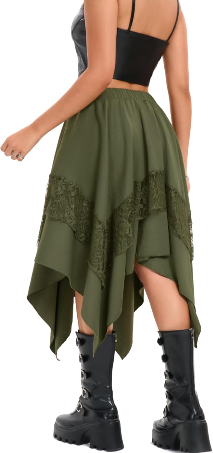 Women's Renaissance Flowy Asymmetrical Goth Midi Skirt Western Fairy Lace Layered Boho Steampunk Skirts - Image 2