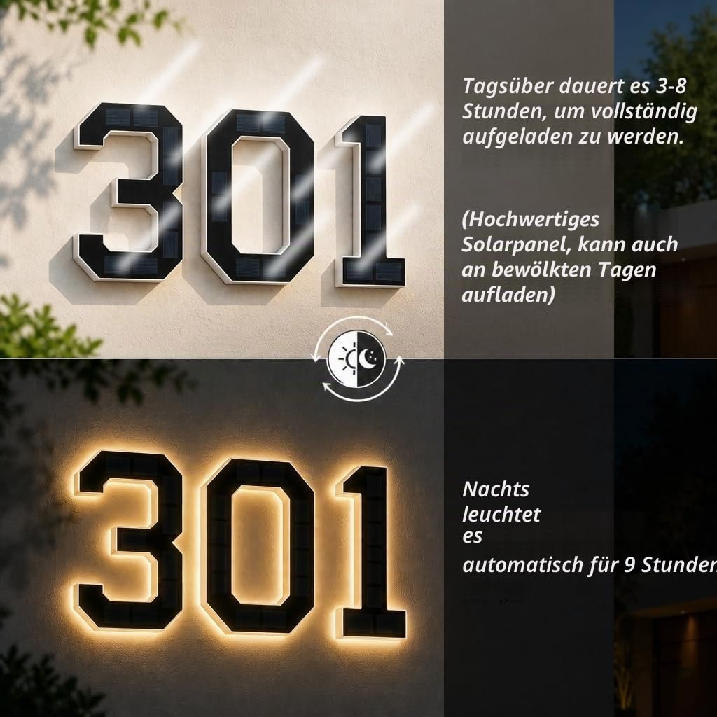 Wasserdichte Solar Hausnummer Beleuchtet für den Außenbereich (Number 1, 23cm)