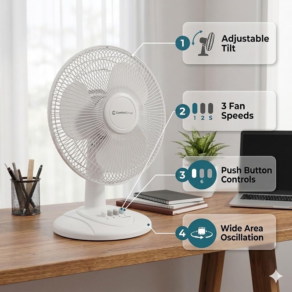 Comfort Zone 16 inch Table Fan with Adjustable Tilt, Wide Area Oscillation, Quiet Air Circulator Fan For Bedroom, 3 Speed Desktop Fan for Home Office, Push Button Controls, White