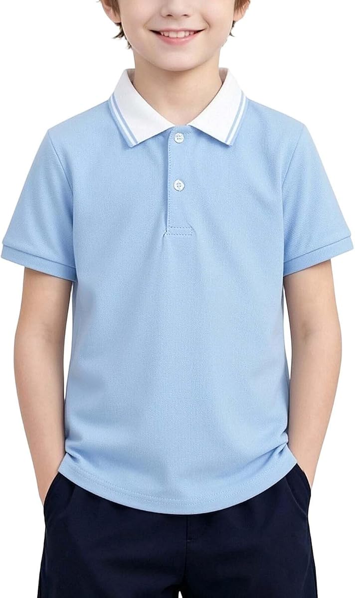 Camiseta polo de manga corta con cuello en contraste para niño | Polo de manga corta, ribete en contraste, tapeta de dos botones, ropa escolar informal.
